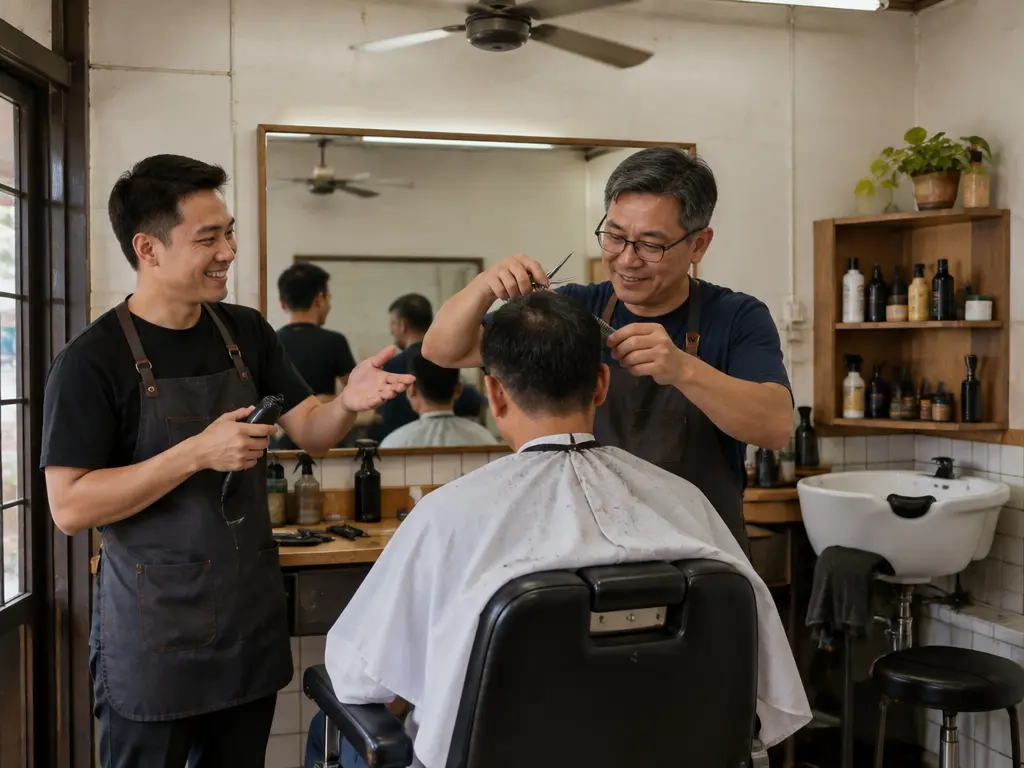 马来西亚乡村的社区理发店里,一名理发师正为顾客理发,另一名理发师拿着电动推剪在旁笑着指向他,呈现同业之间互相推荐、带动的日常场景。