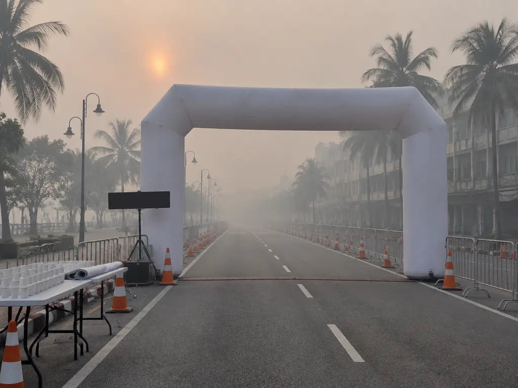 烟霾笼罩的清晨,古晋马拉松起点空无一人,白色拱门与路障静静立在封路的街道上