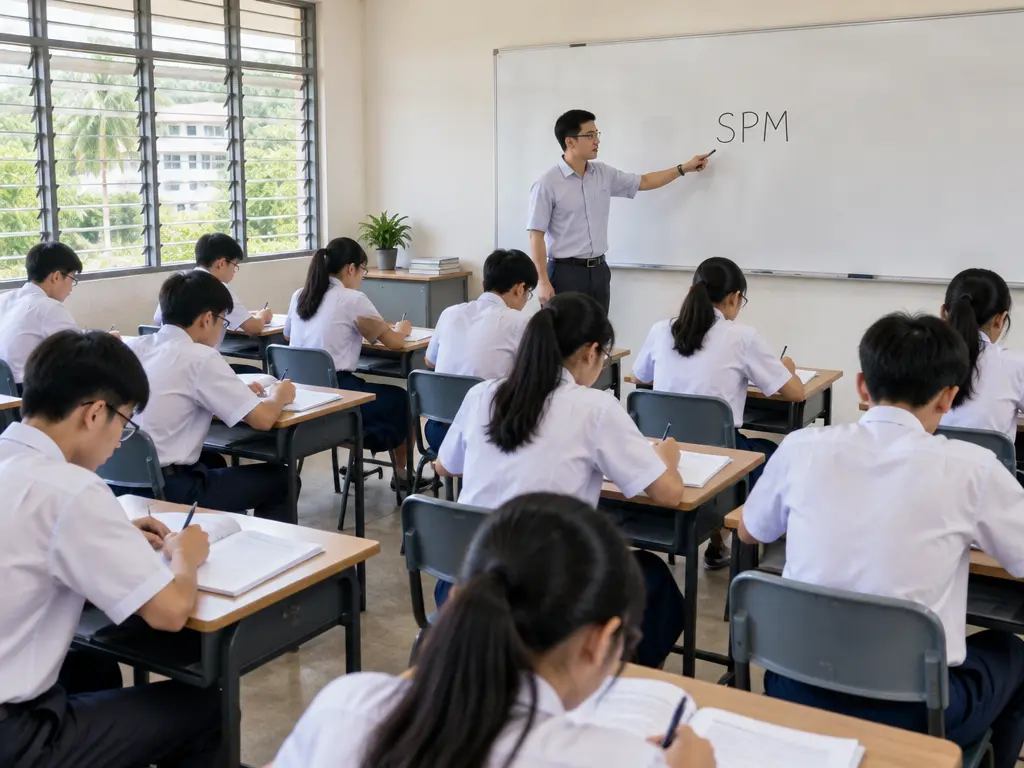 马来西亚华裔中学生在教室内进行SPM考前辅导,老师在白板上讲解答题结构