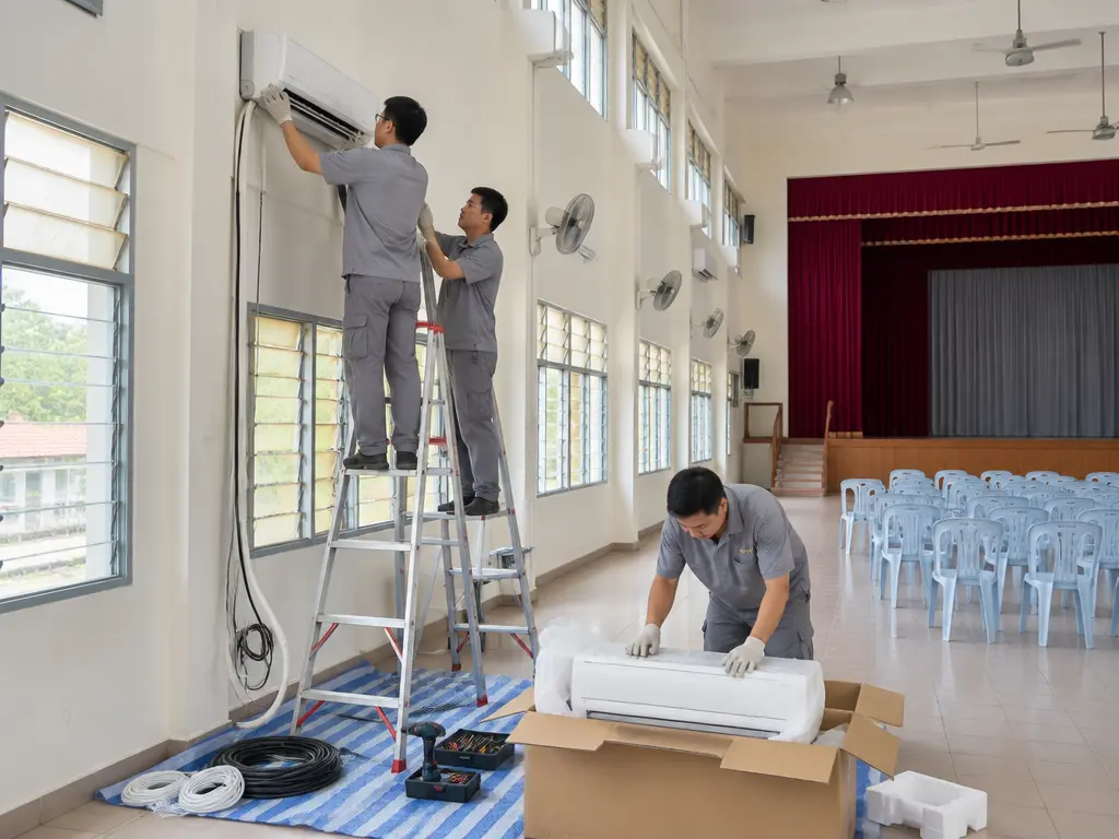 学校礼堂内工人正在安装壁挂式冷气机,改善礼堂环境