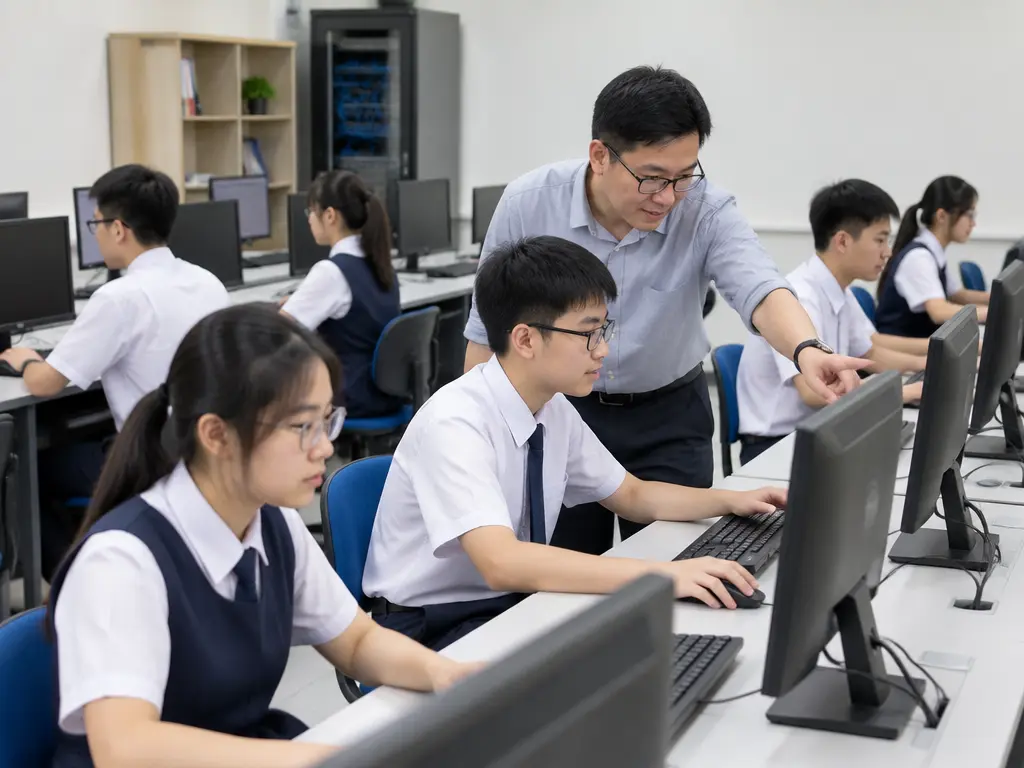 学校的数码学习电脑室内,华裔学生在使用电脑进行学习活动