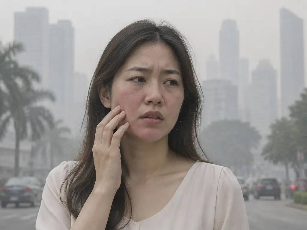 烟霾天气中,一名马来西亚华裔女子触摸自己干燥泛红的脸颊,空气中漂浮着细小颗粒物。