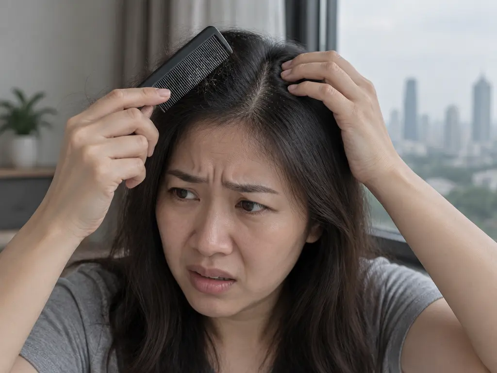 一名马来西亚华裔女子在室内用细齿梳检查头皮,发际和梳子上可见头皮屑与掉发,窗外是烟霾天气。