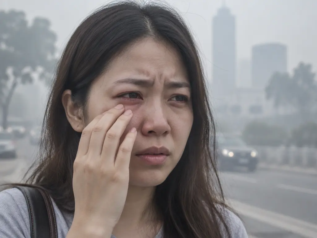 烟霾环境中,一名马来西亚华裔女子眯眼并触摸发红流泪的眼周,示意眼睛受到刺激。