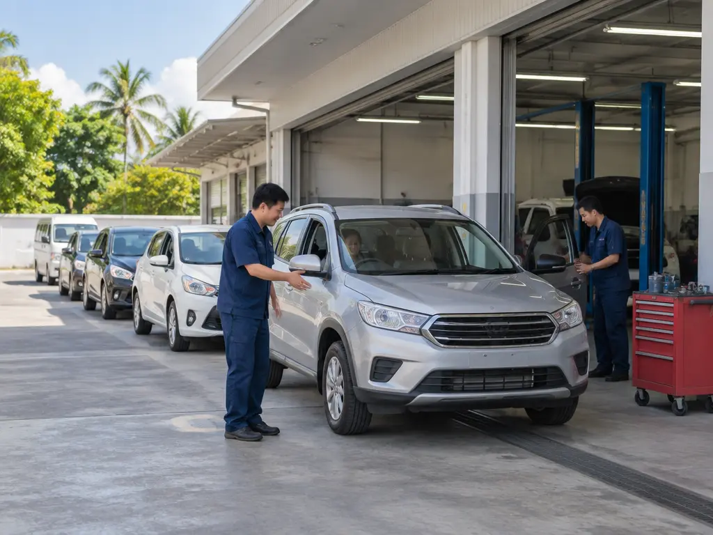 马来西亚一间通用汽车维修中心外,多辆无品牌紧凑型SUV、掀背车和小型客货车排队等待转向安全检查,一名穿深蓝色制服的服务顾问引导车辆进入维修工位