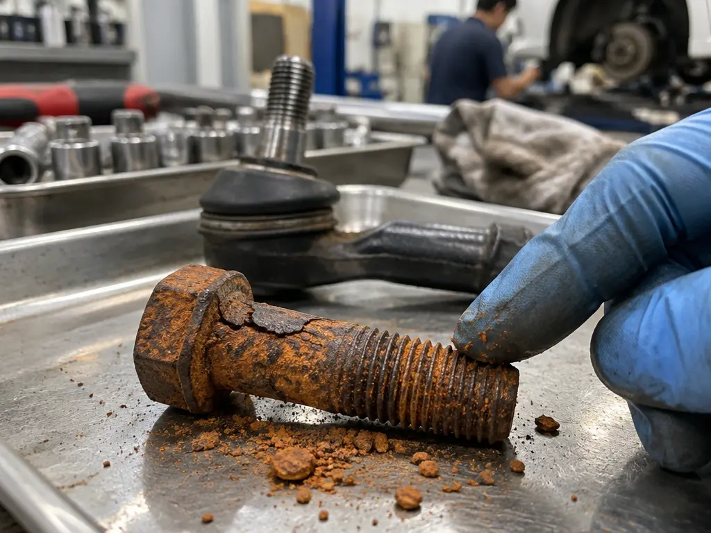 工作台微距特写:一颗布满橙褐色锈蚀的钢制螺栓,六角头与螺纹清晰可见,旁边是转向连杆零件,一只戴丁腈手套的手指触碰锈屑