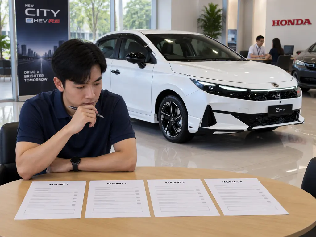 消费者在Honda City混动RS示意车旁比较四份车款报价资料