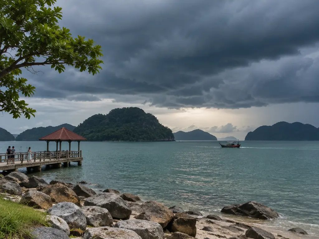 示意图:北马岛屿海岸上空聚集雷雨云,呼应浮罗交怡等地的预警。