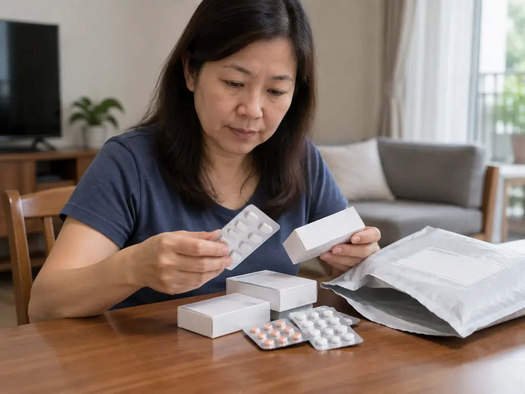 示意病患打开邮寄包裹，取出药物。