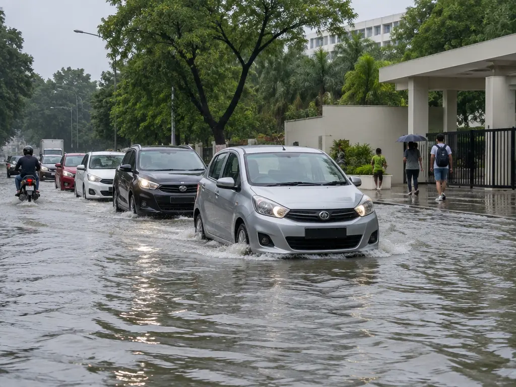 示意图:大学校园外围道路积水,车辆缓慢通行。