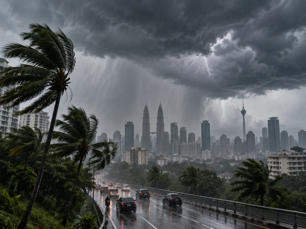 示意图:雷雨笼罩城市,强风吹动路旁树木。