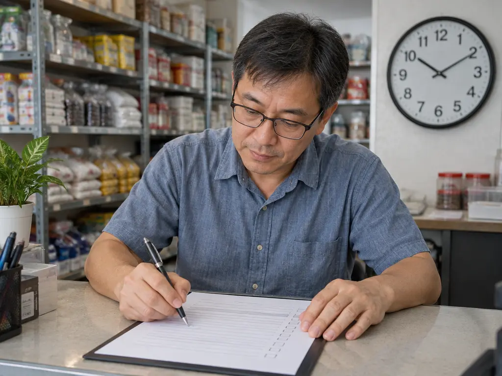 小商家在店内填写融资申请,旁边可见时钟的示意画面