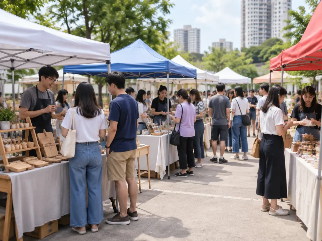 创业嘉年华上,小商家在临时摊位展示商品的示意画面