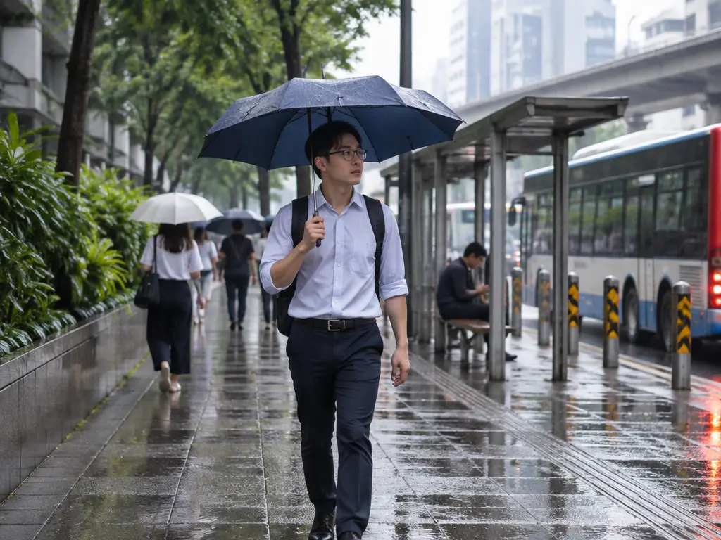 示意图：吉隆坡城市路段的通勤者撑伞出行。