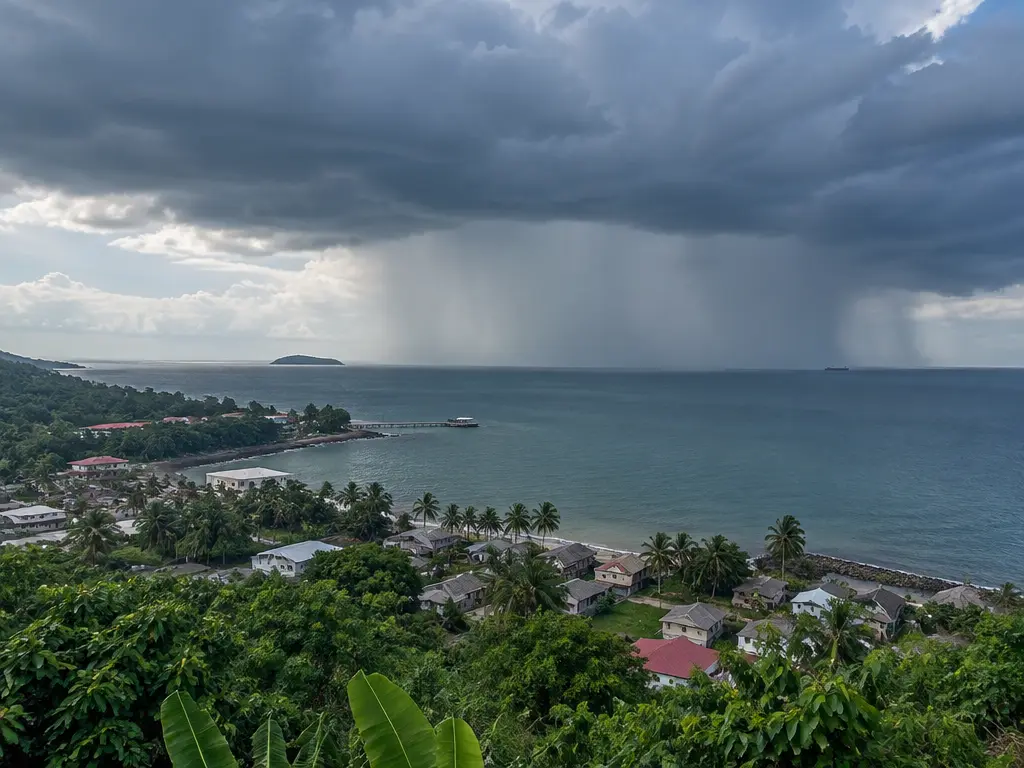 示意图：东马沿海地区上空出现雷云和雨幕。
