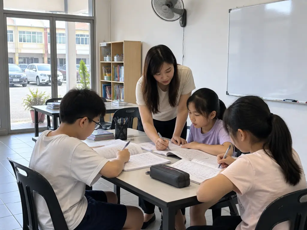 示意图：补习中心老师指导孩子做练习。