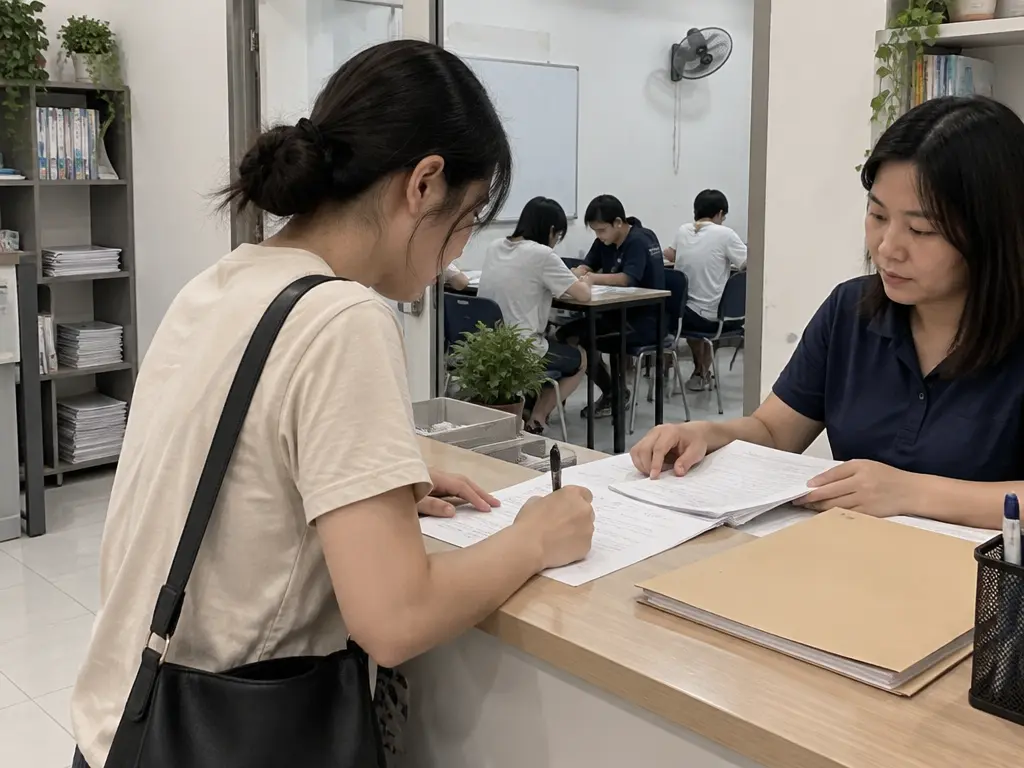 示意图：补习中心柜台上的注册或执照更新文件。