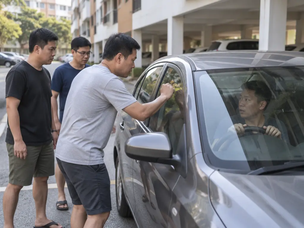 示意图:组屋外,3名男子趋前,其中一人敲打车窗。