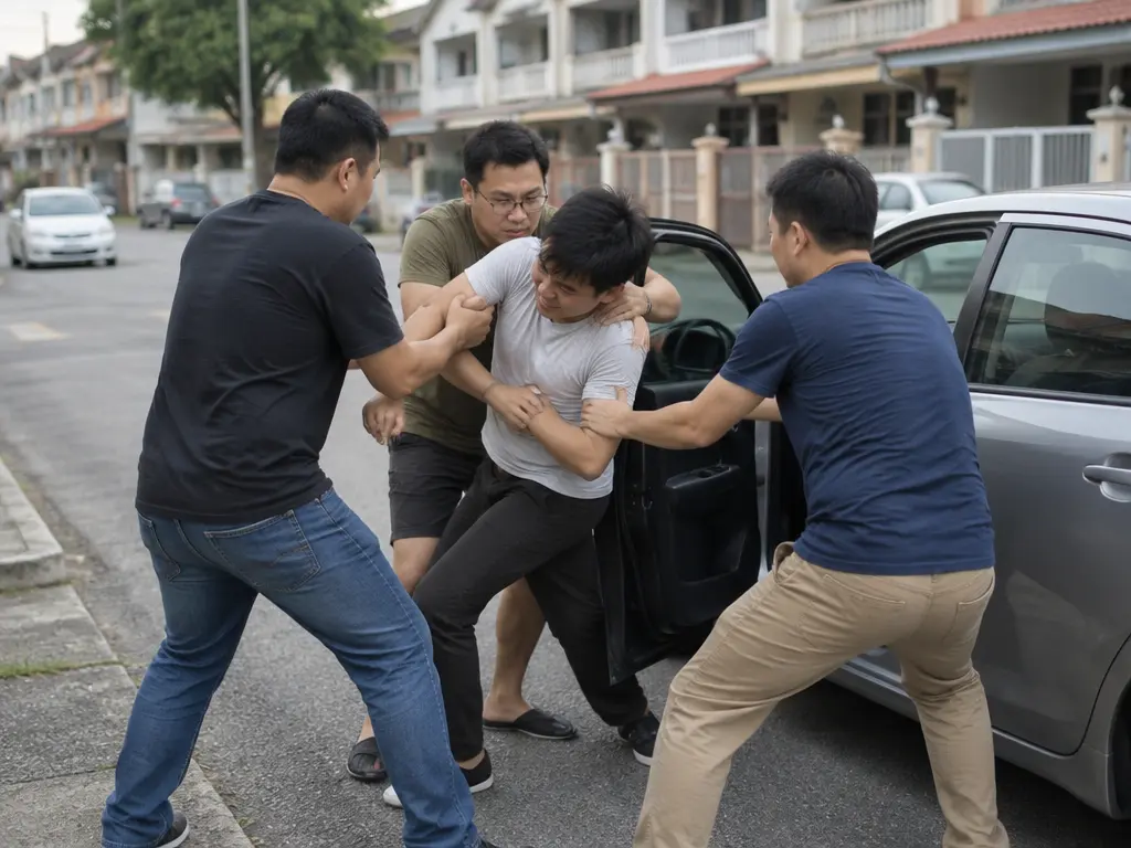 示意图:3名男子在路边把司机从车旁拉出。