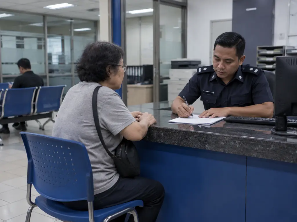 示意图：一名年长妇女在警局柜台报案。