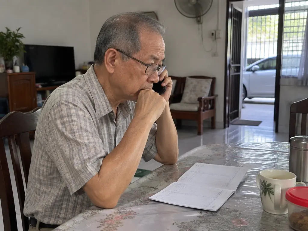 示意图：一名年长退休人士接听电话，桌上放着存款簿。