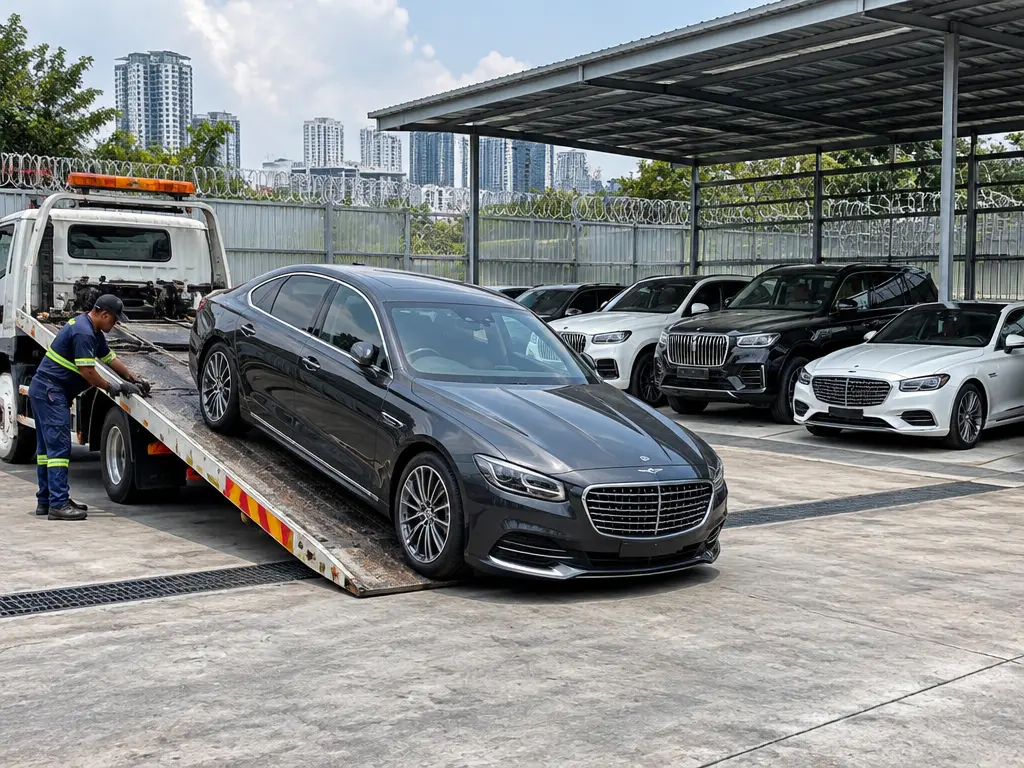 示意图：豪华轿车由拖车运入车辆扣押场，场内停着多辆豪车。