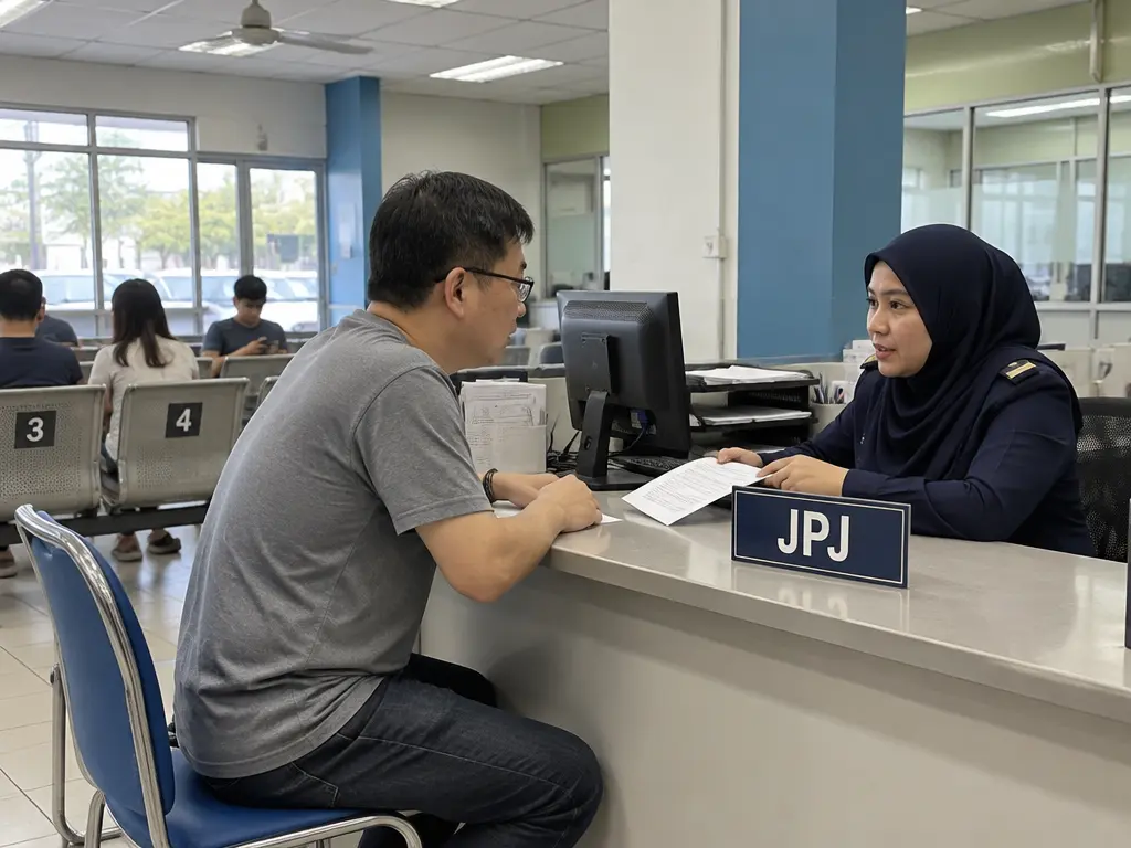 示意图：车主在JPJ服务柜台咨询车辆事务。