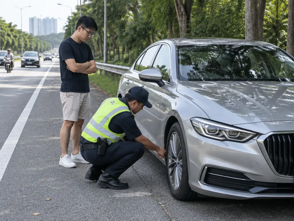 示意图：路边执法人员查看一辆停靠的豪车，表现车辆上路须符合法规。