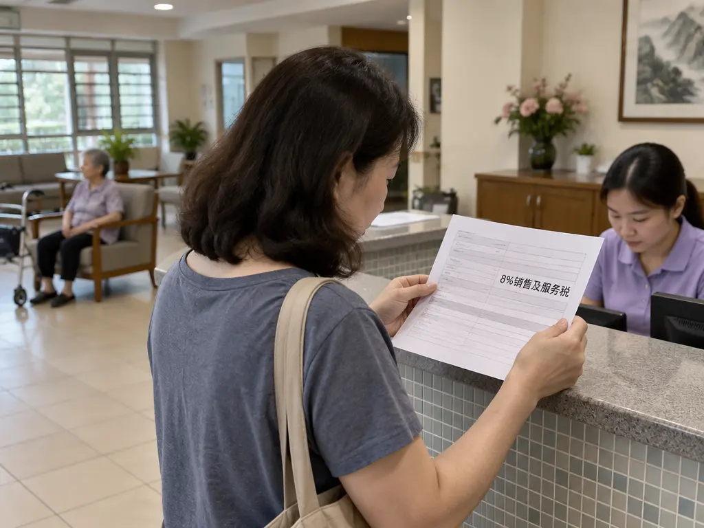 示意图:家属在老人院柜台查看列有8%销售及服务税的费用单,长者坐在院内。