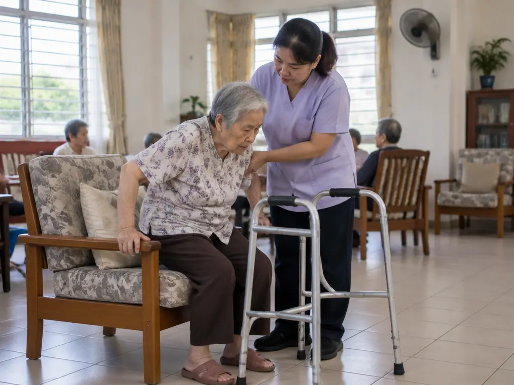 示意图:老人院护理人员在起居空间协助长者使用助行架。
