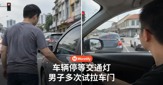 车辆停等交通灯 男子多次试拉车门