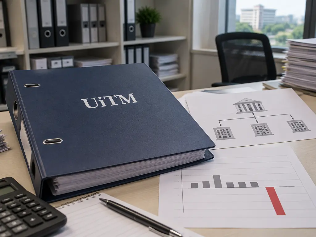 示意图:标有「UiTM」的档案旁放着控股架构图及亏损示意图。