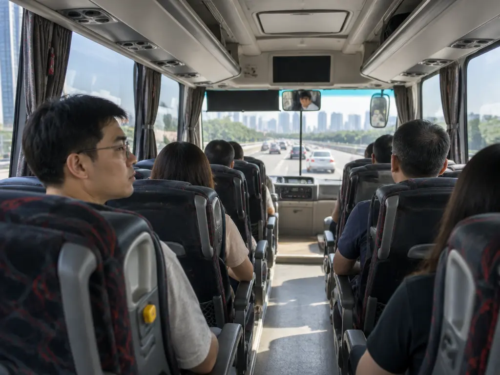 示意图：长巴乘客坐在车厢内，留意前方路况。