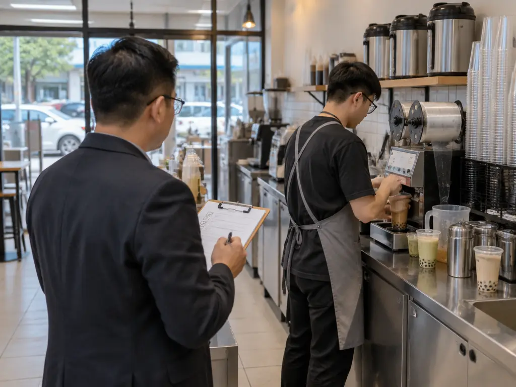 示意图:普通区域经理巡视奶茶店,查看吧台及饮品制作流程。