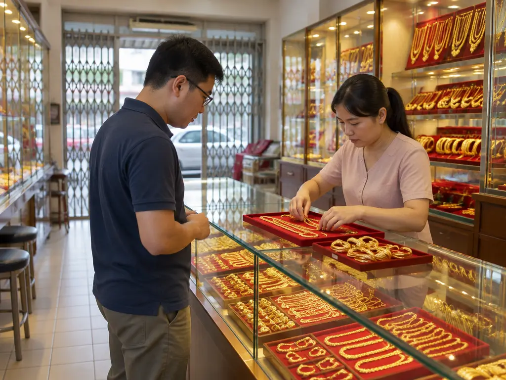 马来西亚邻里金店的玻璃柜台内摆放金链、金手镯和金戒指,华人女店员在柜台后整理金饰,华人男顾客在柜台前查看金饰;示意本地金饰零售柜台
