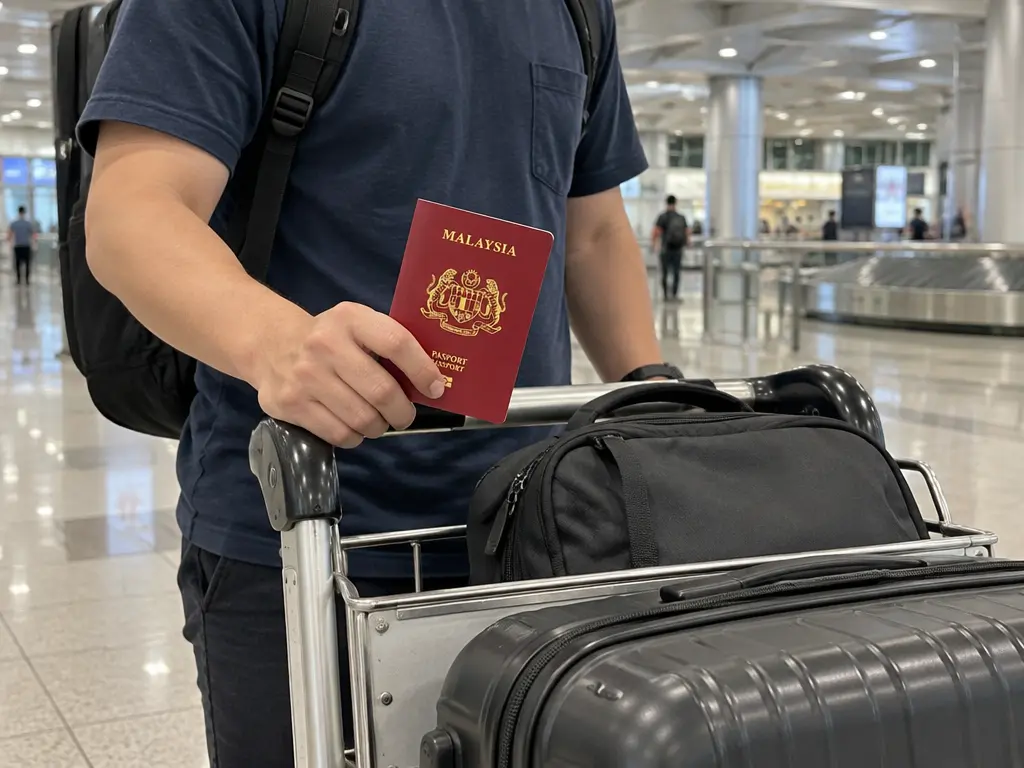机场入境环境中的马来西亚护照与行李,示意旅客返国。