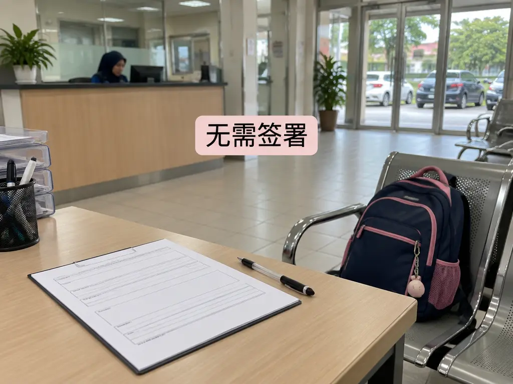 公共机构接待区内的未签文件、闲置笔与儿童书包示意,编辑短字说明无需签署,并非真实现场。