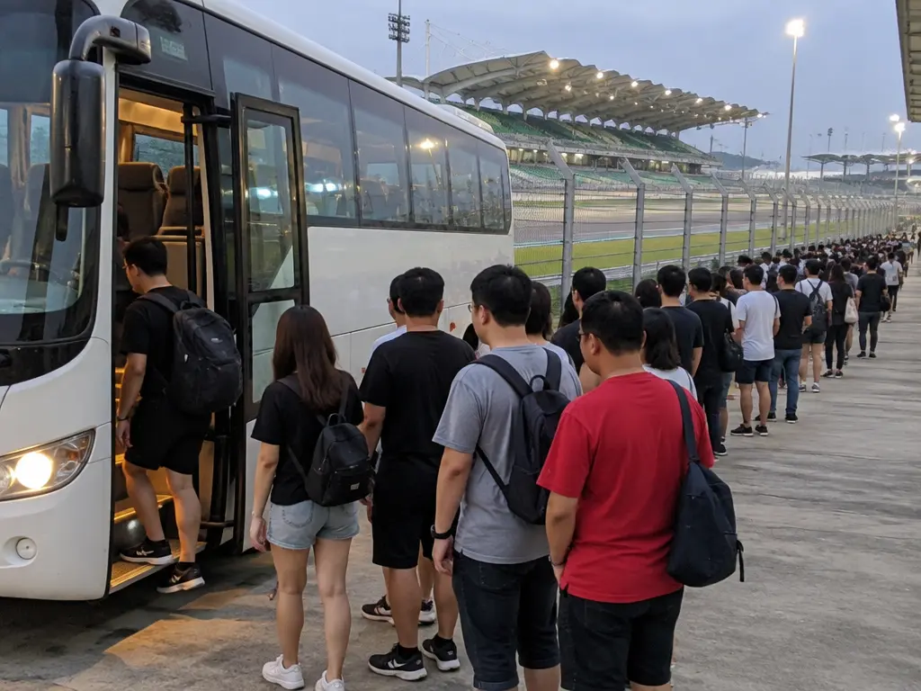 赛车场外观众排长队等候接驳巴士的虚构示意图。