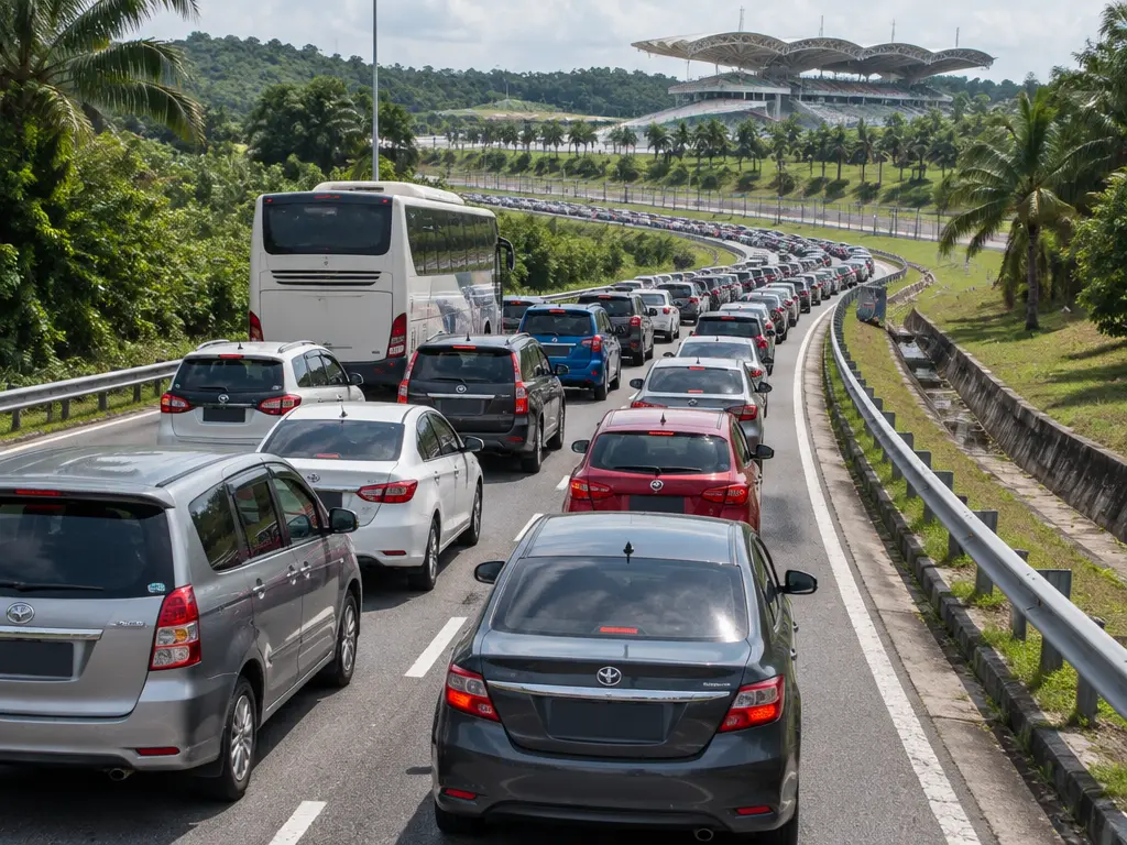 通往赛车场的道路出现车辆长队的虚构示意图。