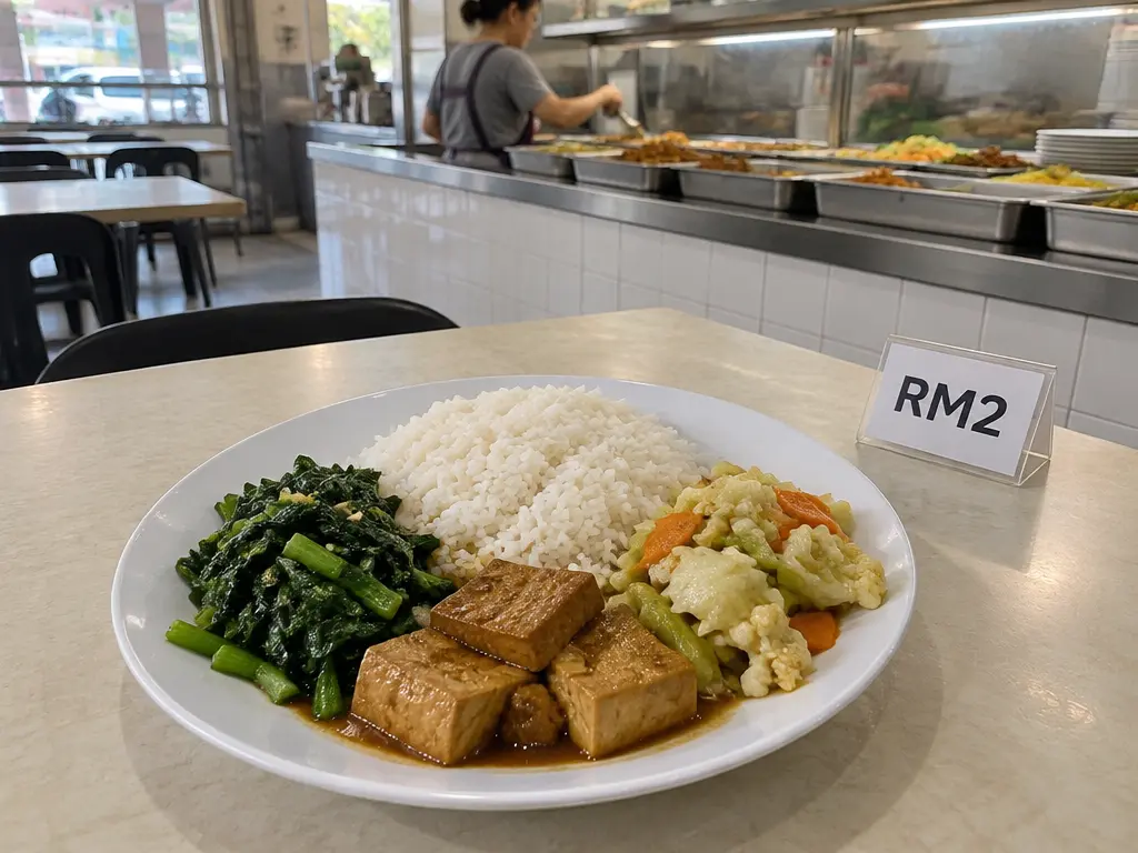 示意图:一盘白饭配三样素菜,旁边标示RM2。