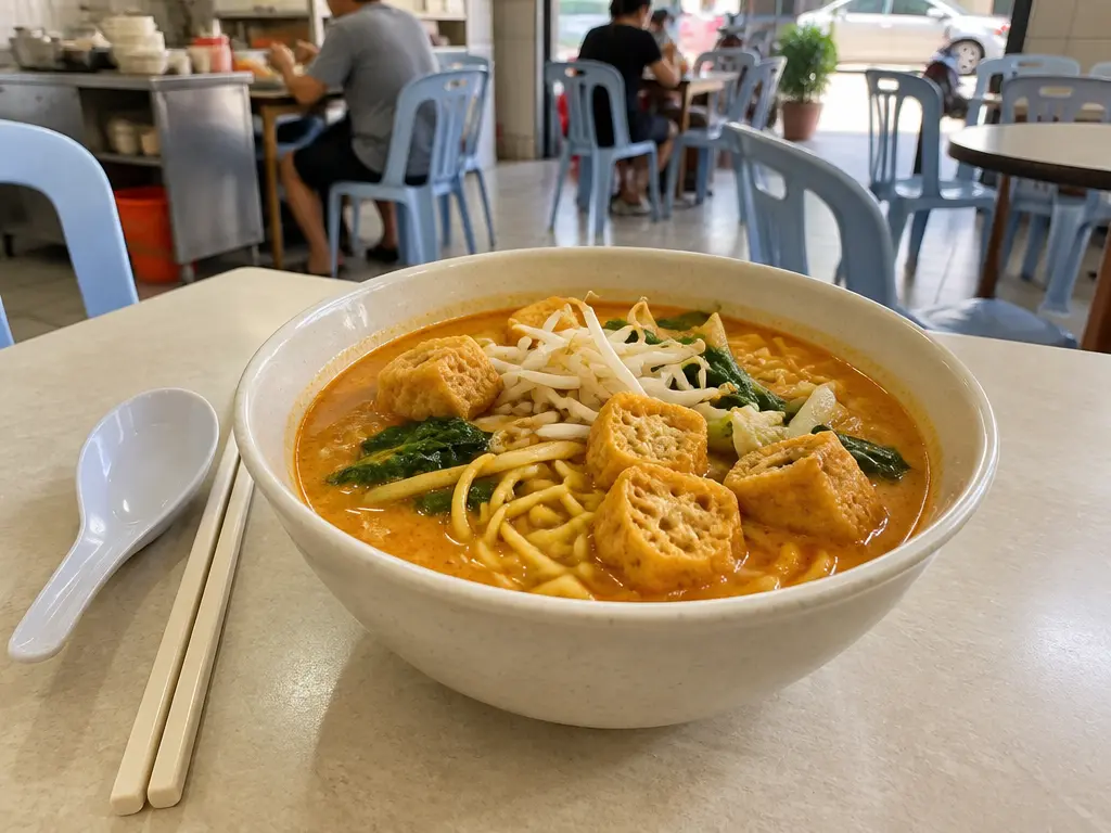 示意图:普通素食店餐桌上的一碗素咖喱面。