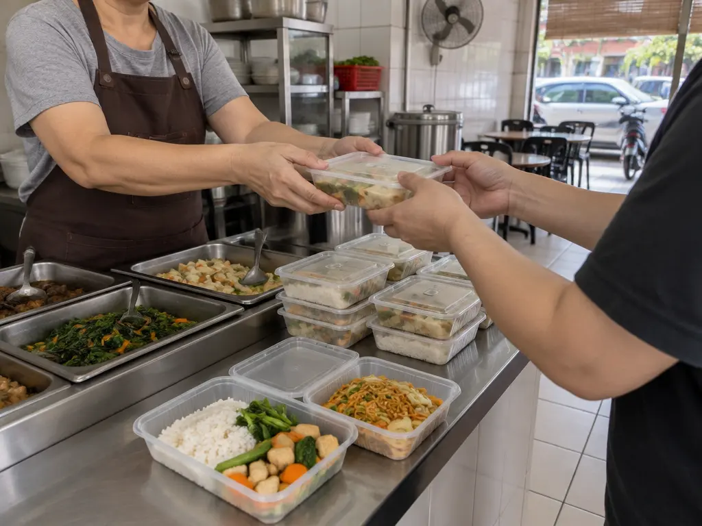 示意图:素食店柜台准备多份饭面,并将打包餐点交给领取者。