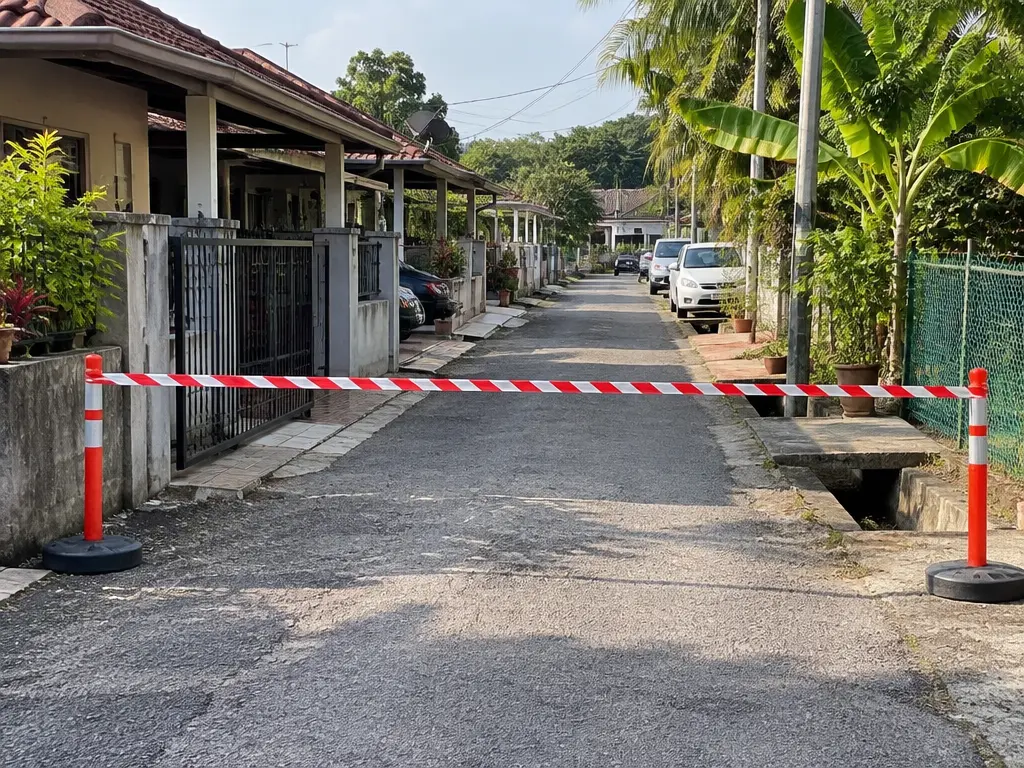 示意图：甘榜住宅通道被警戒带封锁。