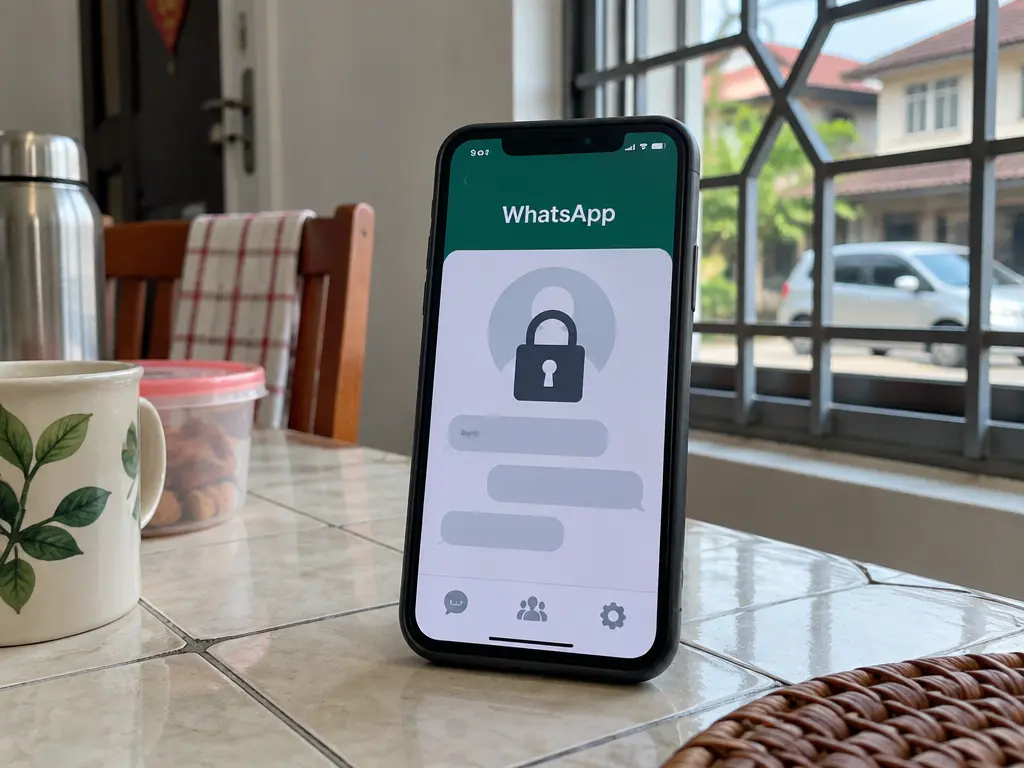 手机屏幕以WhatsApp字样、锁头和灰色聊天图形示意账号被冻结。