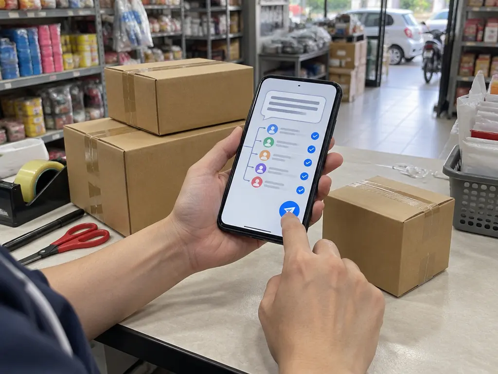 商店包装柜台旁,经营者操作手机上的示意批量信息发送界面。