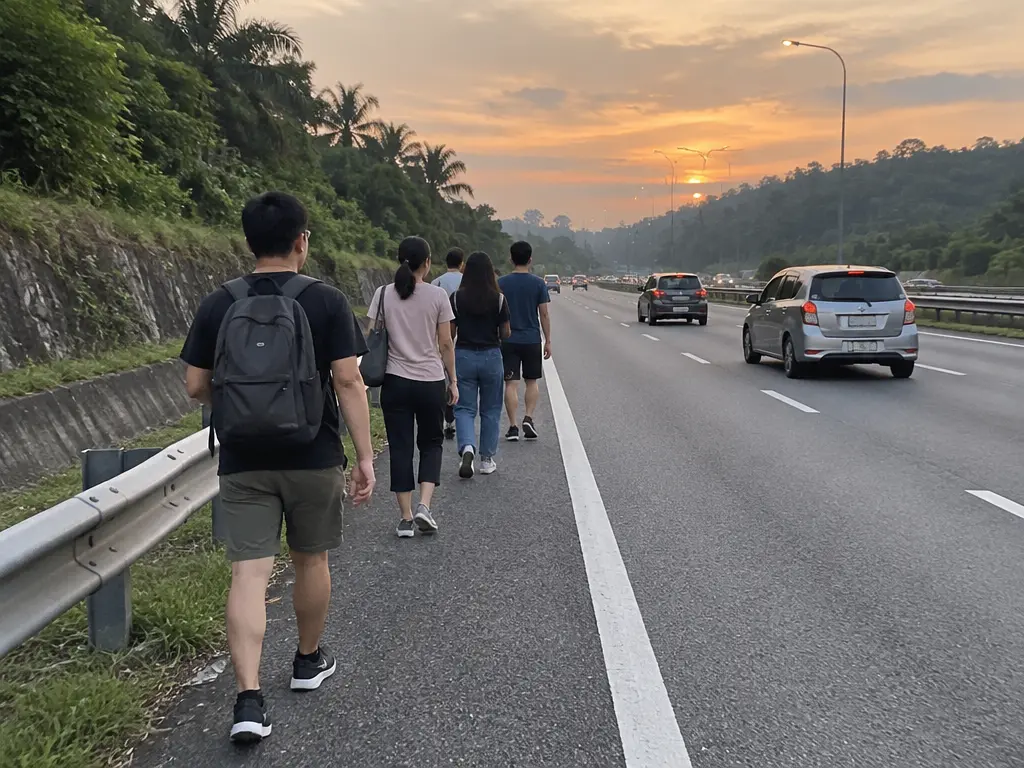 数名观众沿大道路肩步行的示意图，并非报道所述真实路线。