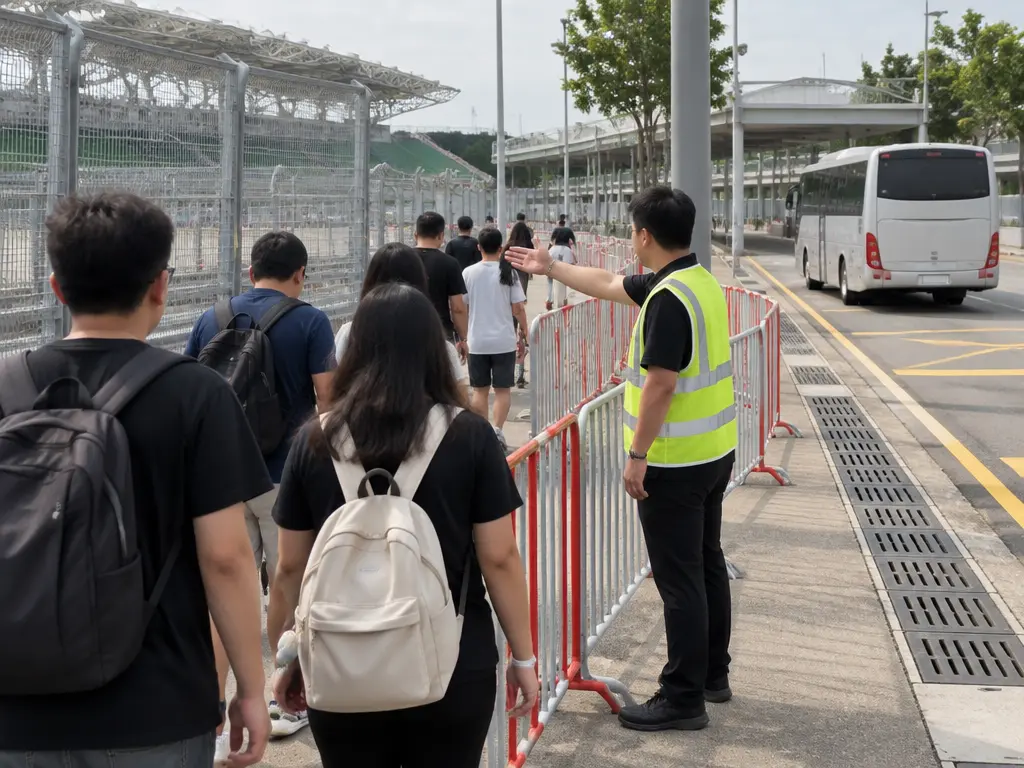 赛车场交通区域内，普通现场工作人员引导观众沿指定通道通行的示意图。