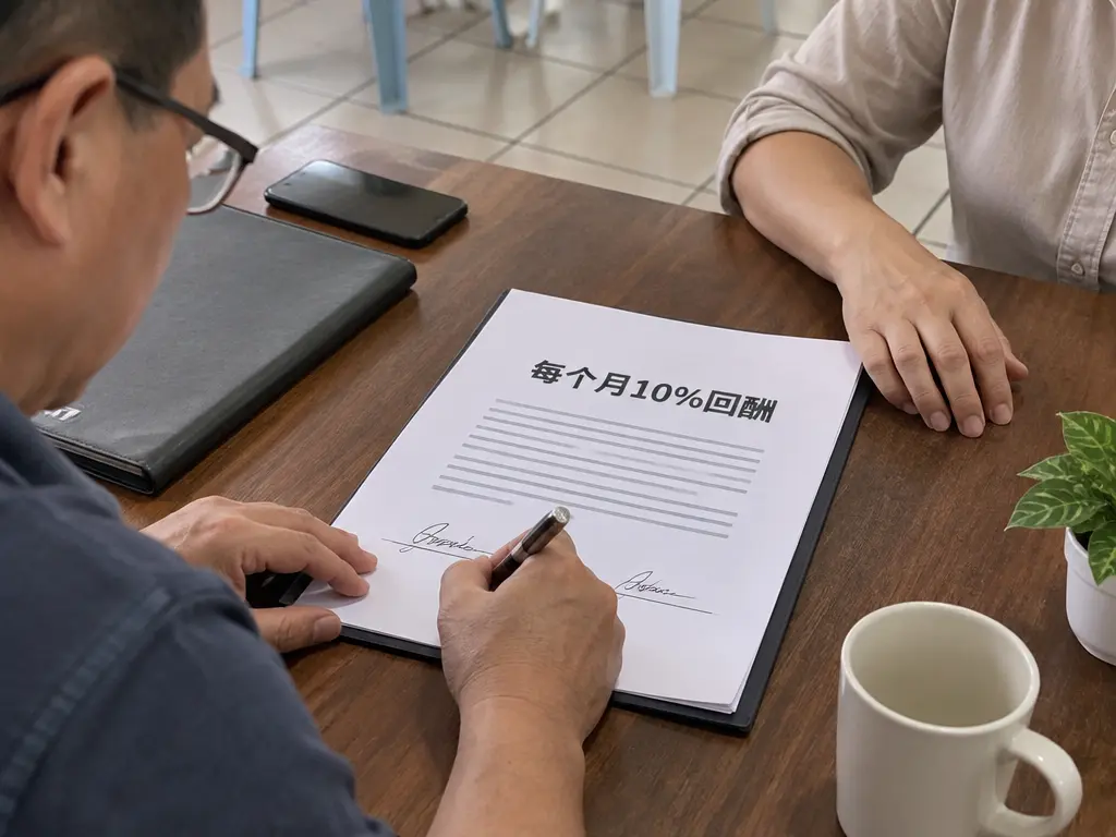 投资协议签署示意图，文件上突出约定的每月10%回酬。