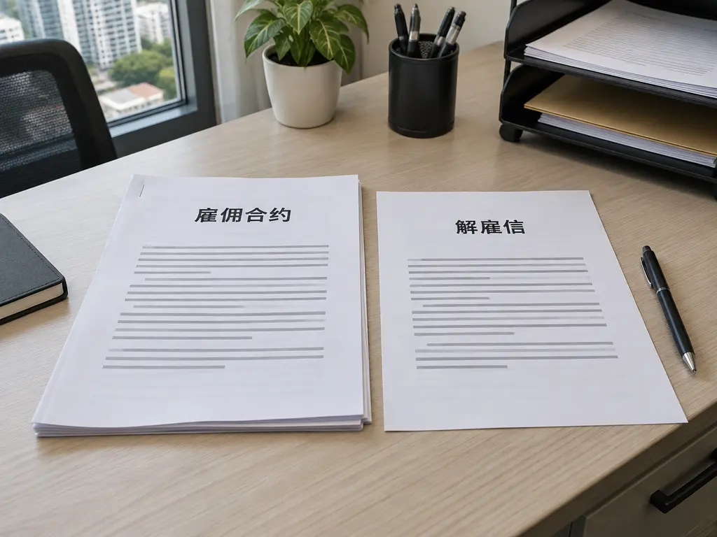 雇佣合约与解雇信并排放在办公桌上的示意图。
