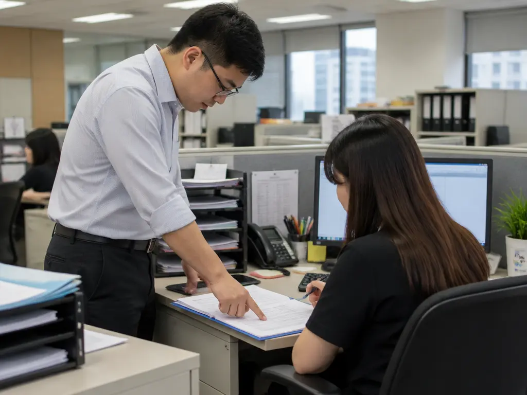 私人公司主管向员工交代日常工作任务的示意图。